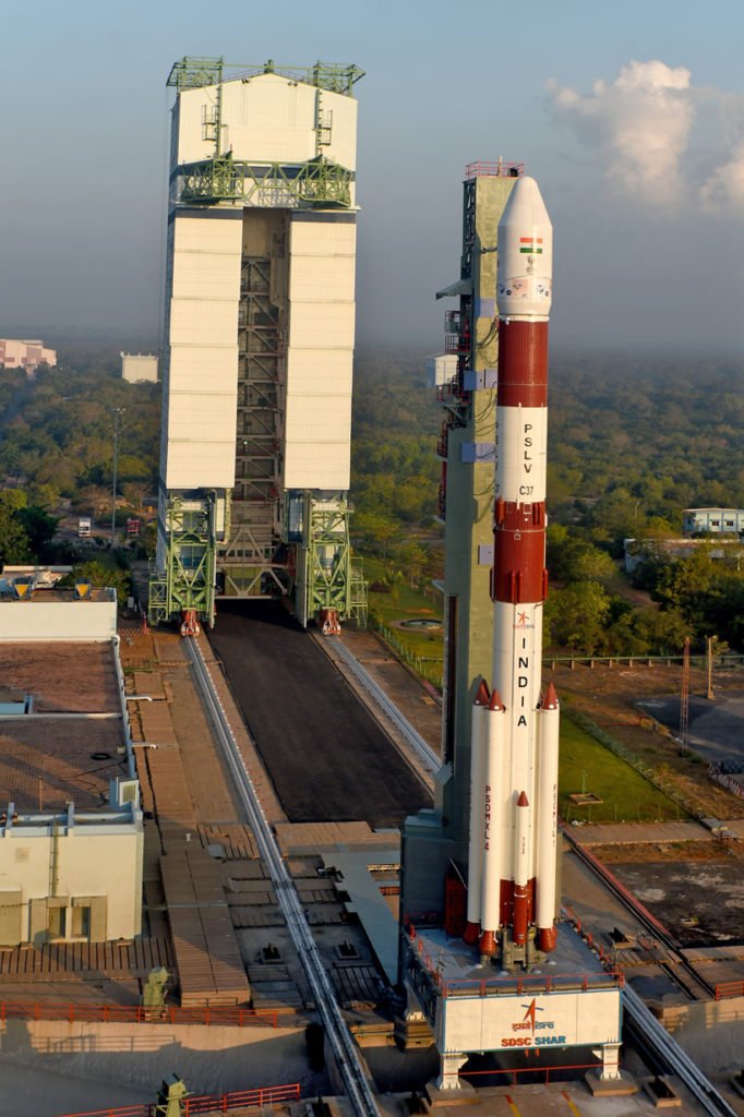 PSLV-C37 getting ready for mission as seen from mobile tower