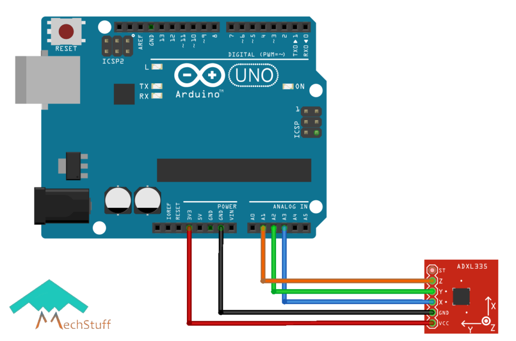 ADXL335 accelerometer tutorial connections